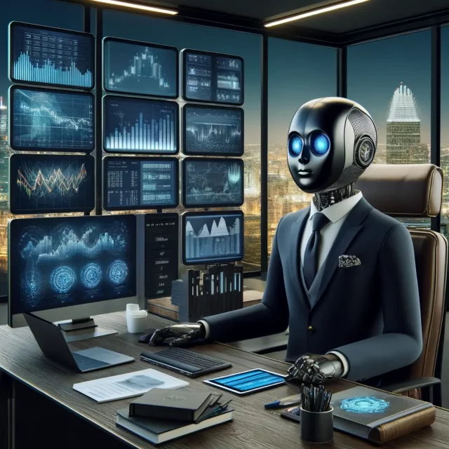 DALL·E 2024 03 28 19.22.29 A highly stylized anthropomorphic computer dressed in professional attire sitting at a modern desk surrounded by multiple monitors displaying crypto